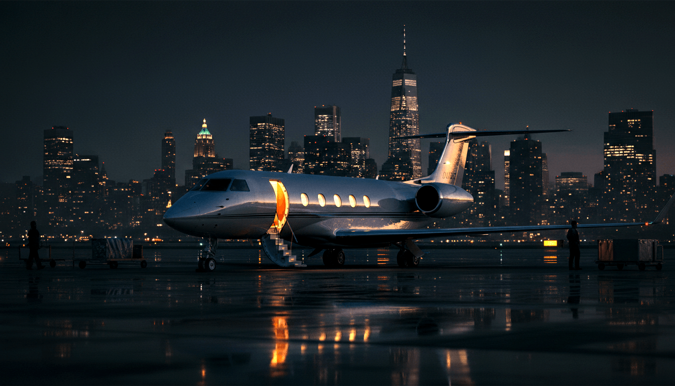 White business jet on wet tarmac at night, cabin door open with amber light, skyline behind, silhouetted figures near ground equipment.