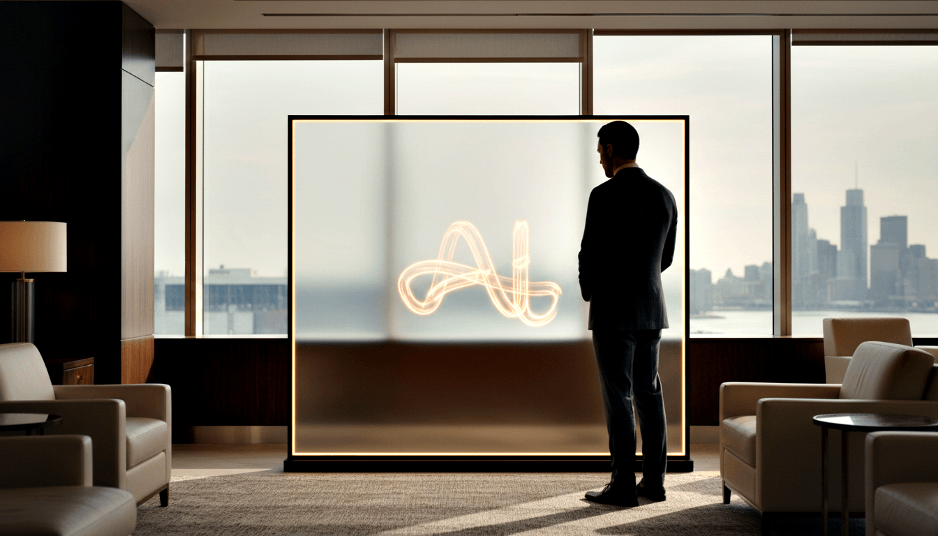 Person in dark blazer, back to camera, before illuminated amber cursive light panel; cream armchairs, wood paneling, waterfront view.