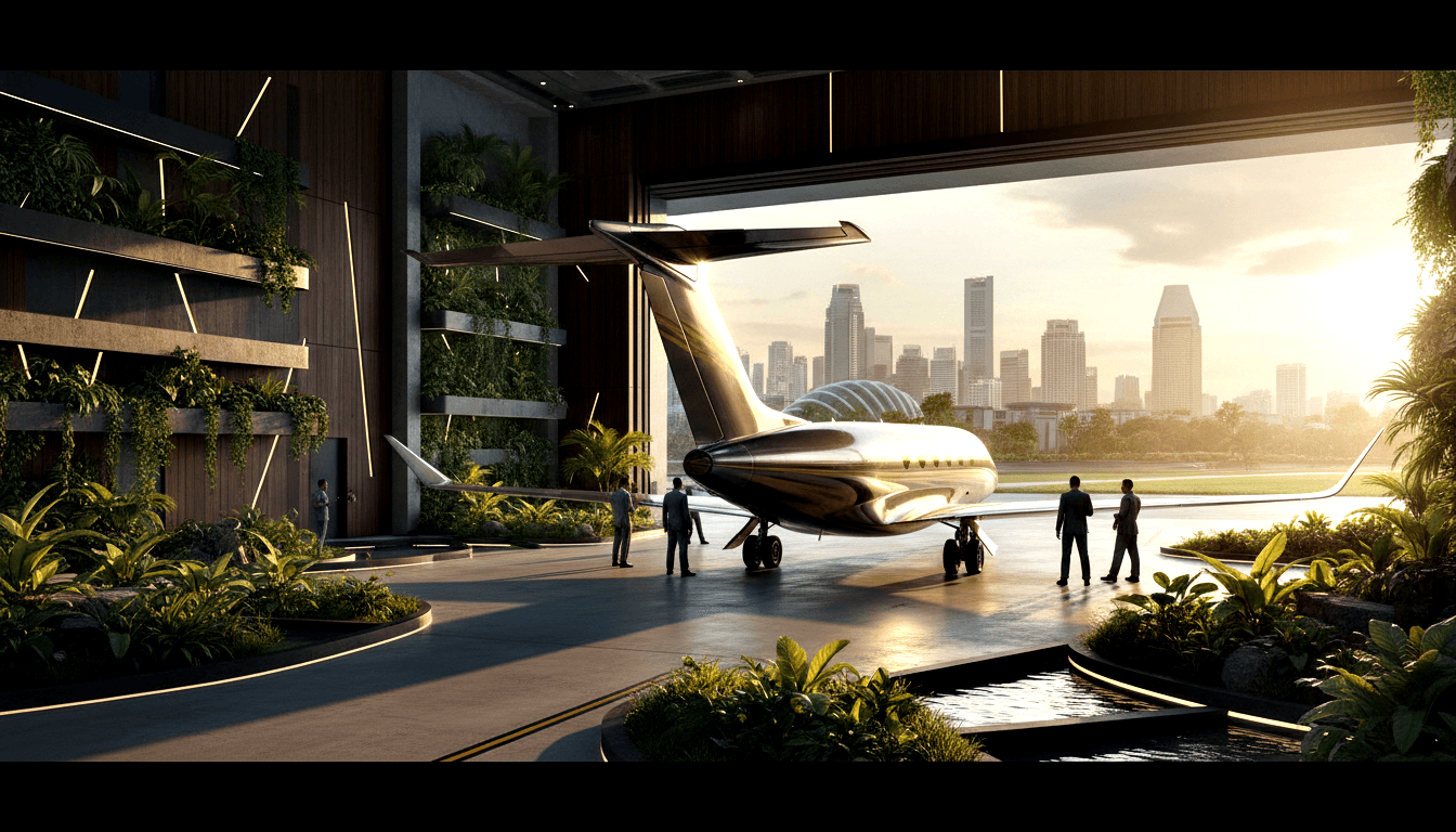 CGI chrome futuristic private jet in a hangar with living walls, gold lighting, and dark-suited figures standing nearby.