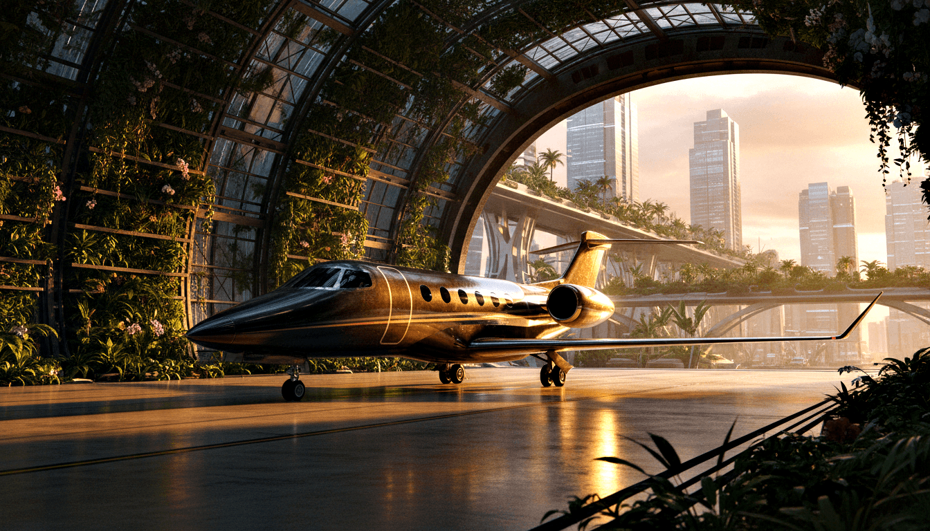 Bronze-gold private jet, rear twin engines, gold pinstripe, in tropical foliage-draped hangar framing futuristic cityscape at amber sunset.