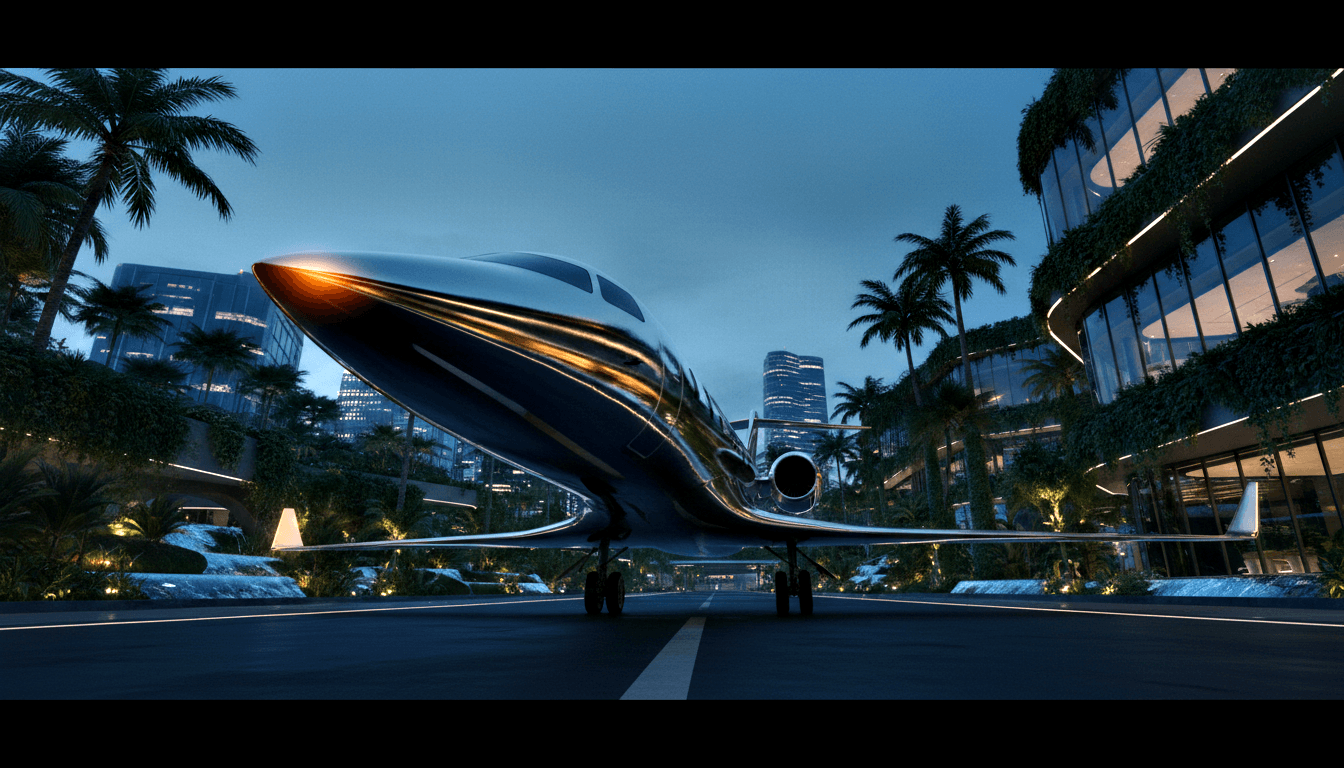 CGI 3D render of a dark blue futuristic private jet with elongated nose and chrome striping on a tarmac, flanked by illuminated palm trees.