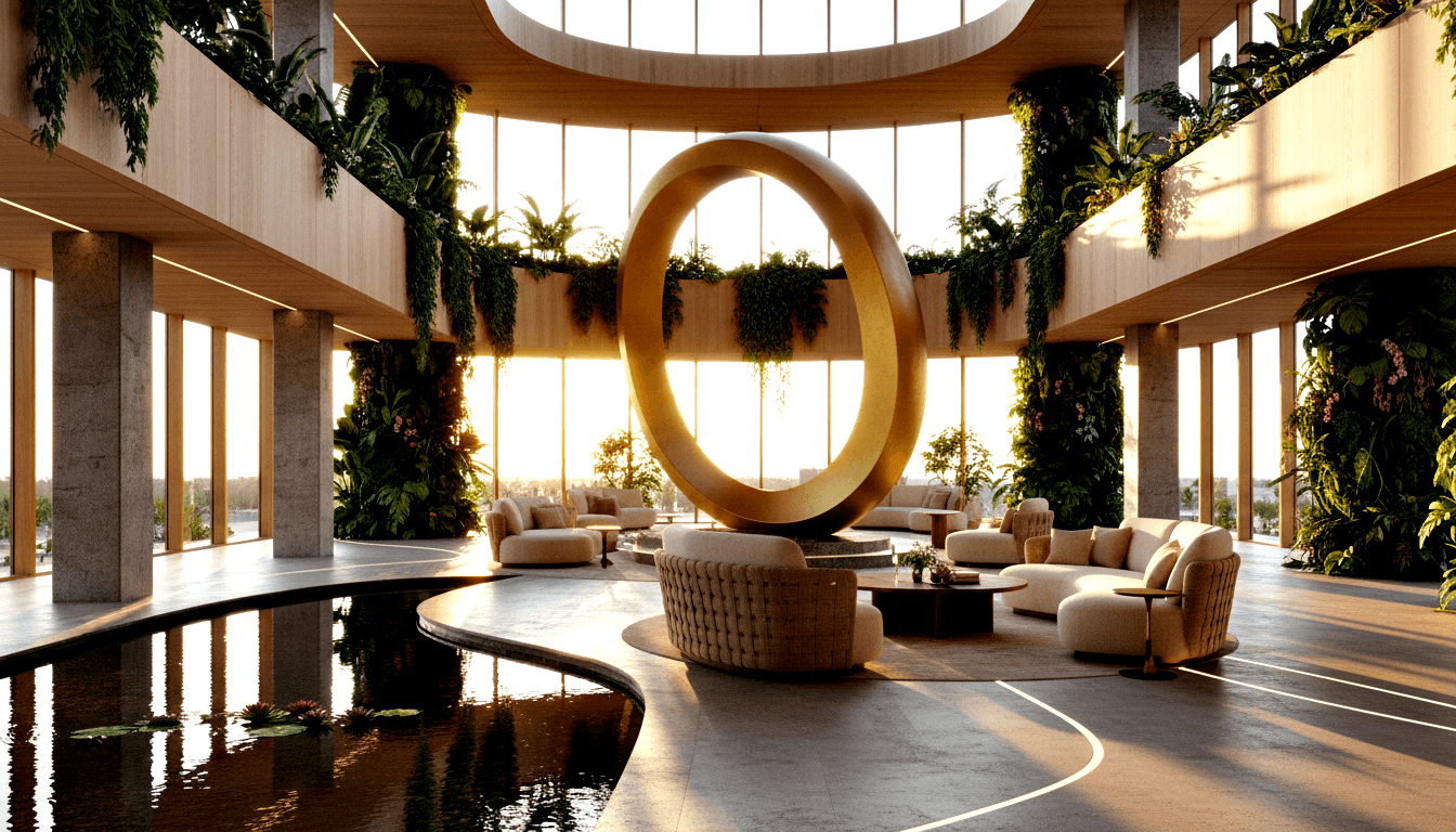 CGI atrium: golden torus sculpture on stepped platform, cream sofas, tropical vertical gardens, dark reflective pond with pink flowers.
