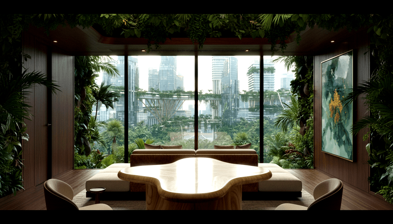 CGI high-rise interior lounge with biomorphic cream table, beige armchairs, terracotta sofa, dark wood walls, and floor-to-ceiling city views.