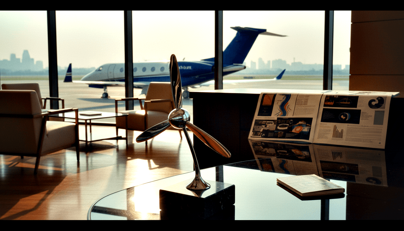 Chrome propeller sculpture on black marble base, glass table; white-and-blue business jet visible through floor-to-ceiling windows.