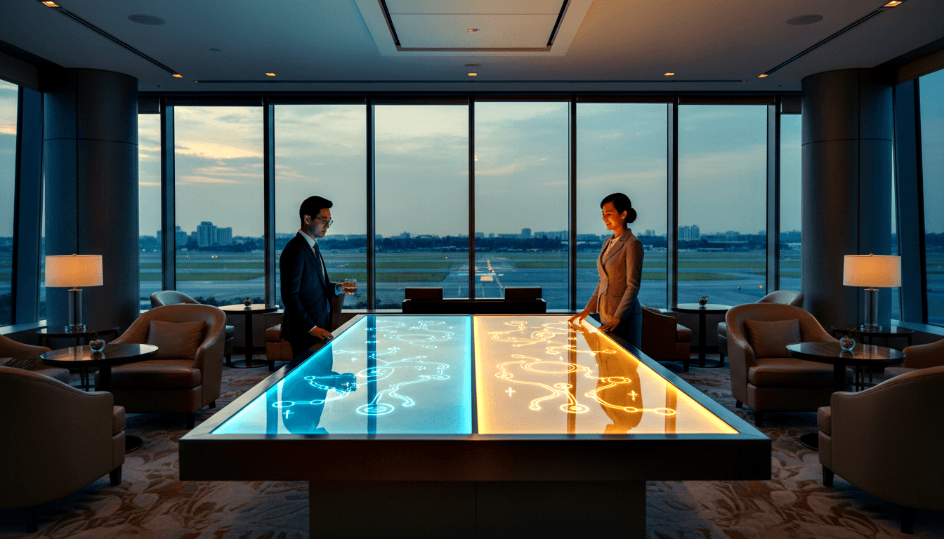 Man in navy suit and woman in tan blazer stand on opposite sides of a large table glowing blue-cyan on the left and amber-gold on the right.