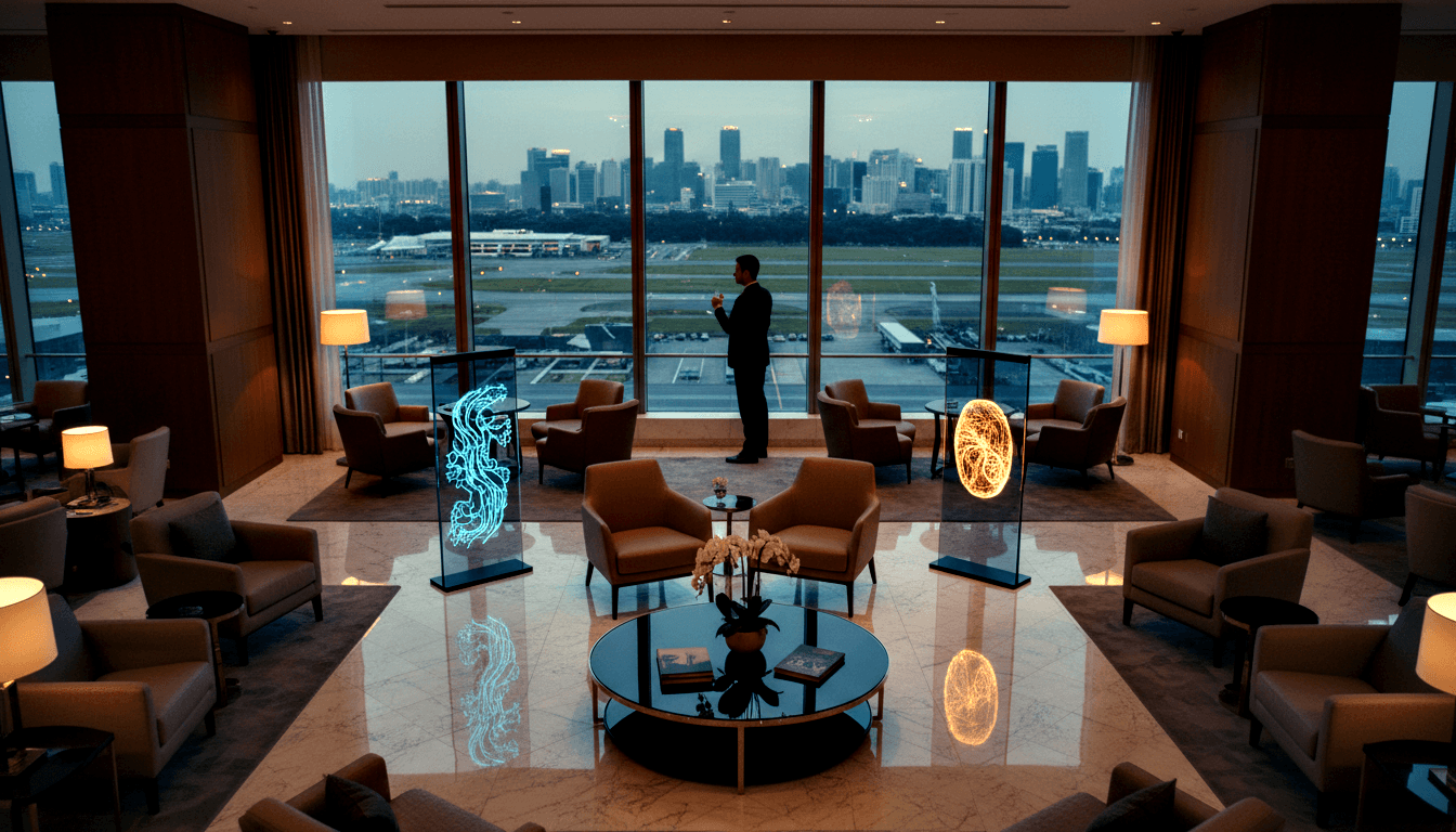 Lounge with marble floors, leather armchairs, and a suited man silhouetted at windows overlooking airport tarmac at twilight.