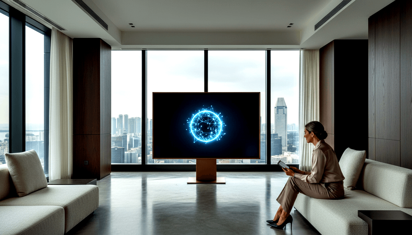 Woman in taupe blazer sits on white sofa holding tablet, facing large TV displaying cyan digital sphere, with floor-to-ceiling city views.