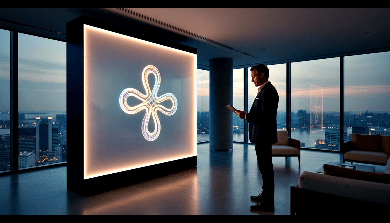 Man in dark navy suit holding a tablet, standing before a large backlit four-petaled looping knot emblem with amber halo.