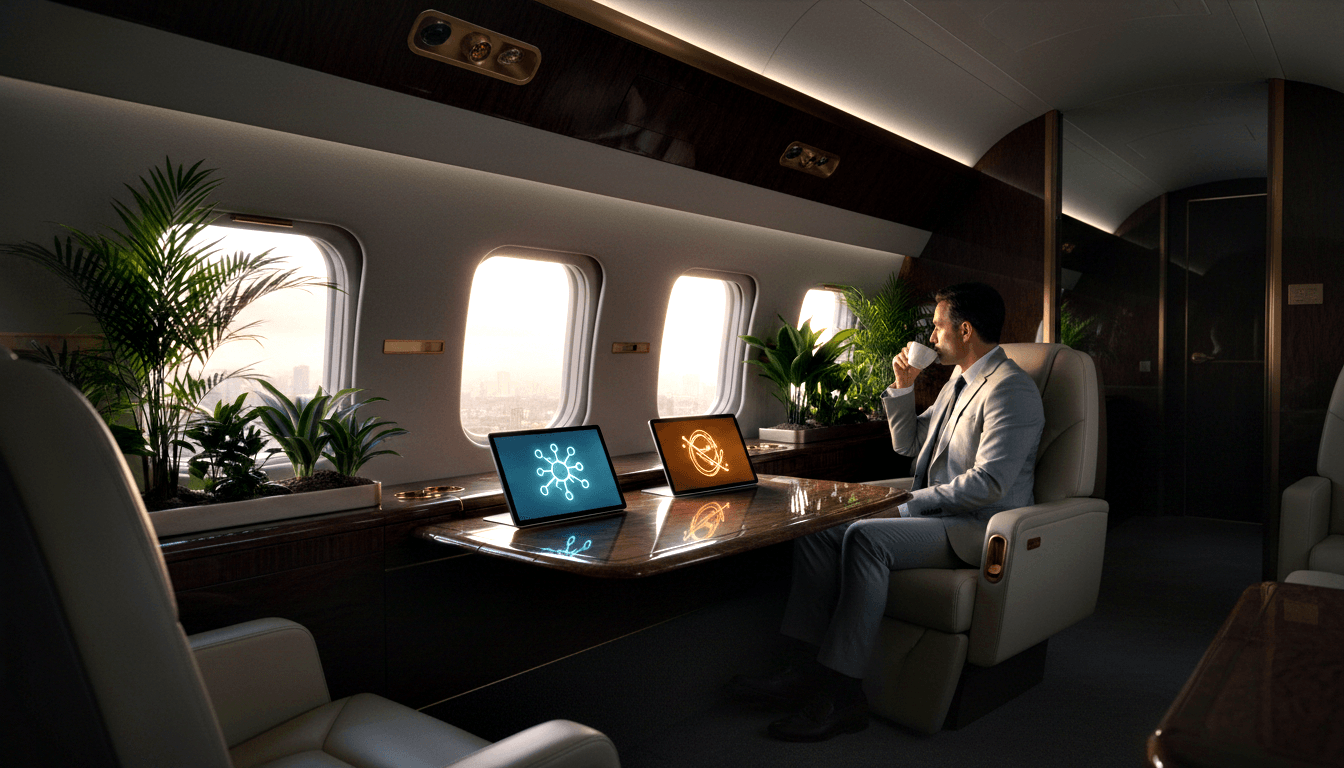 Man in grey suit sits in cream leather recliner on private jet, holding white cup, gazing out oval windows beside two open laptops.