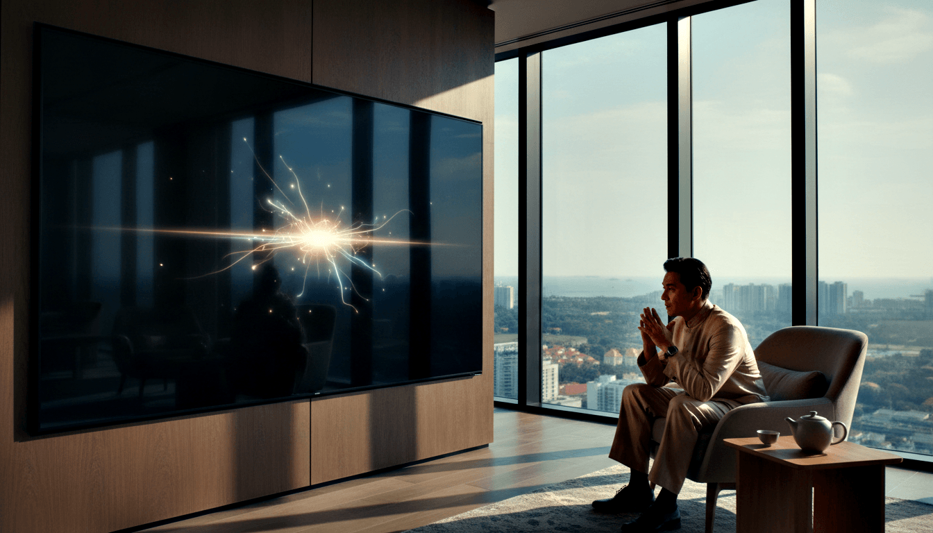 Man in cream clothing sits in grey armchair, fingertips pressed together, gazing at wall-mounted screen with white-gold burst on navy.