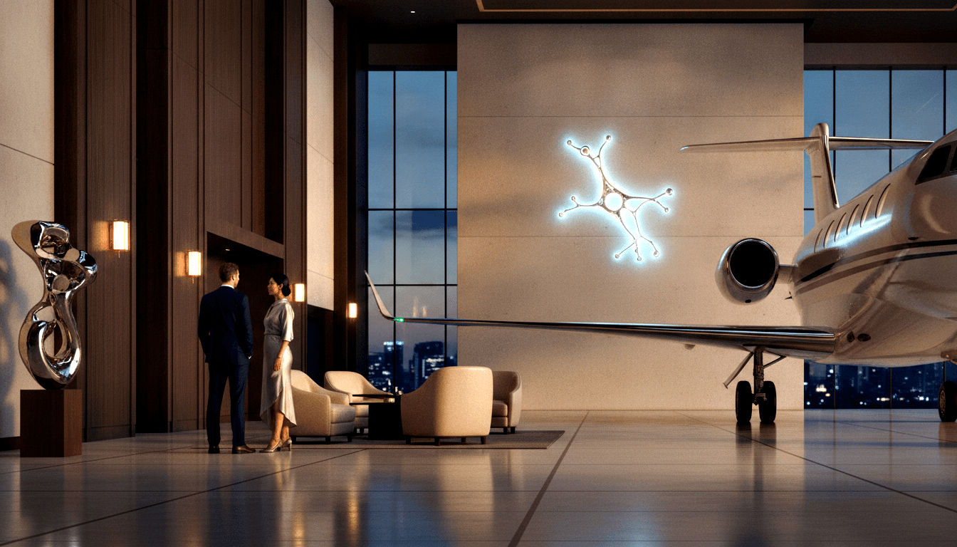 Luxury interior with stone floors, cream seating, night skyline windows, white private jet at right, couple conversing center.