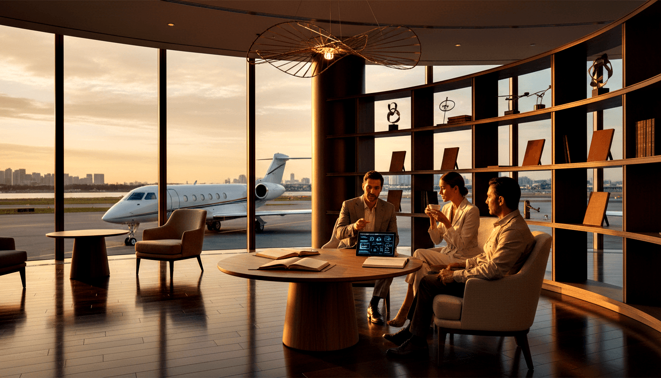 Three adults at a round table in glass-walled lounge; man gestures at tablet, white business jet on tarmac outside.