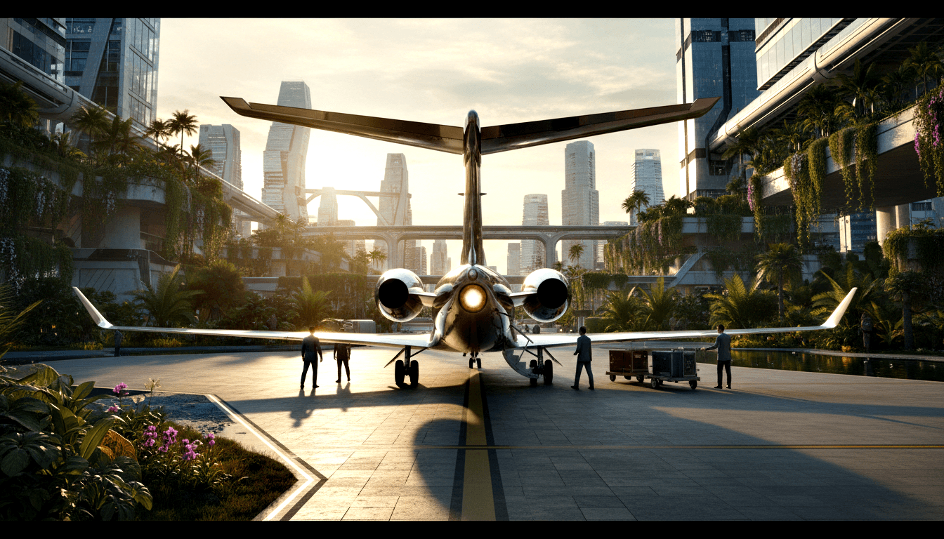 Chrome silver business jet with twin rear engines and T-tail on tarmac, four silhouetted figures nearby, golden backlight halo at nose.