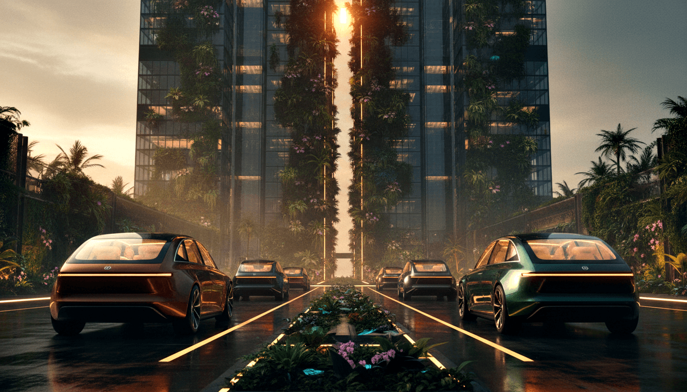 CGI fleet of concept vehicles on glowing road facing a vegetation-covered glass skyscraper at sunset, flanked by palm trees.