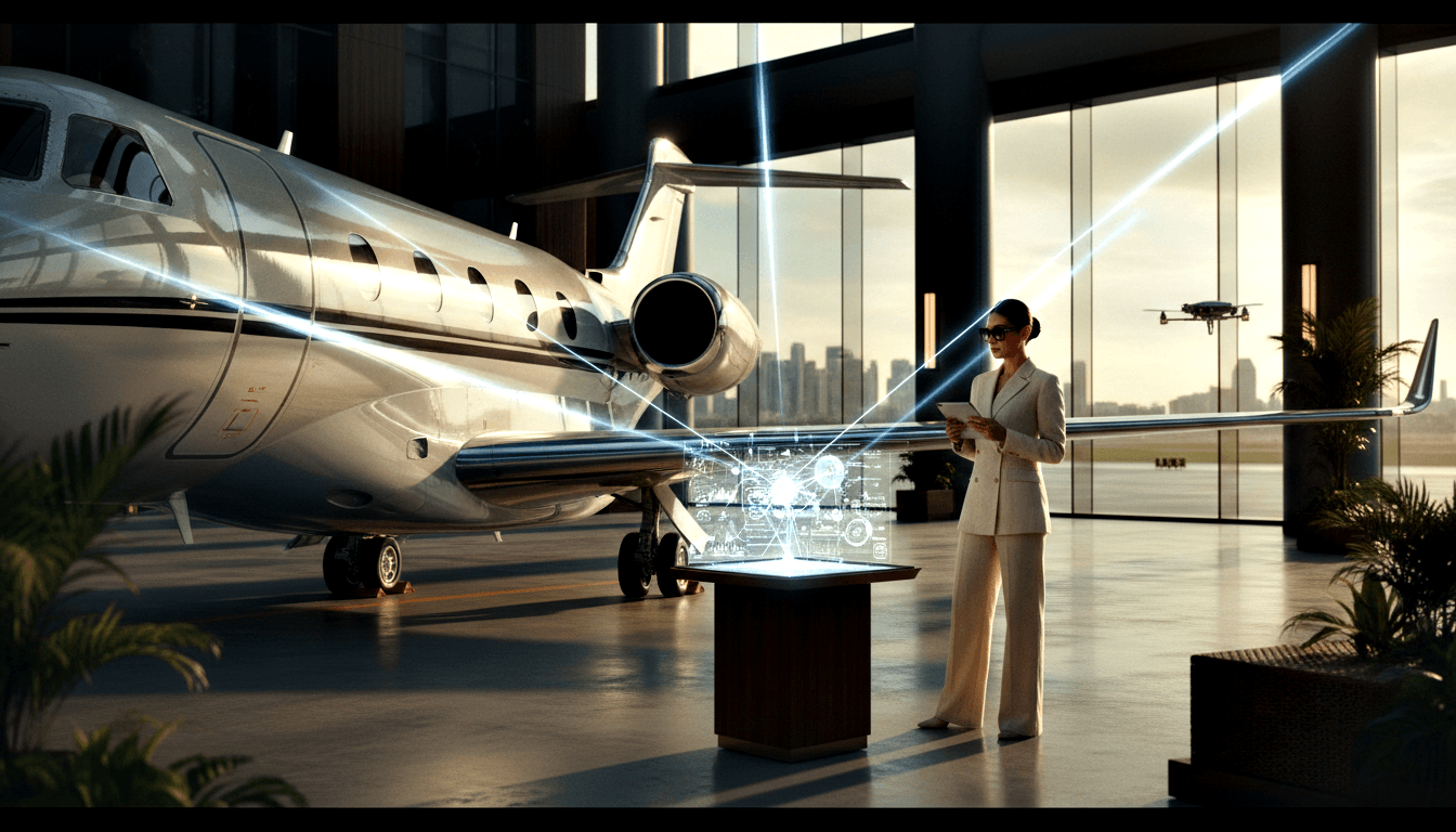 Silver-white private jet in glass hangar; woman in cream suit holds tablet beside kiosk projecting blue holographic data onto aircraft.
