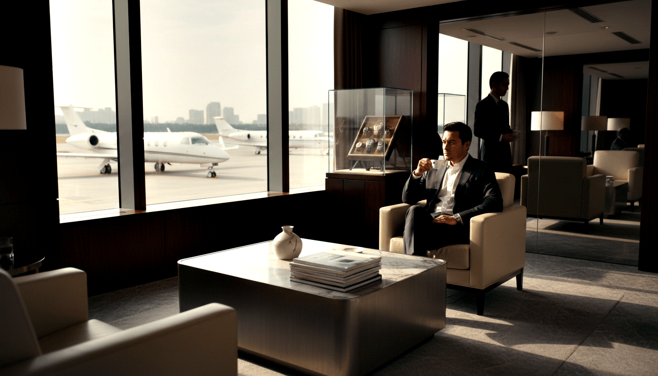 Man in navy blazer holds small cup in cream armchair facing floor-to-ceiling windows overlooking jets on tarmac in private aviation lounge.