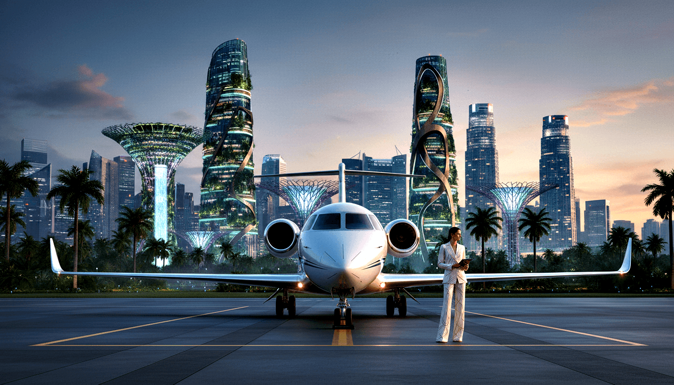White business jet on dark tarmac; woman in white pantsuit holds tablet near nose, twilight cityscape of teal skyscrapers behind.