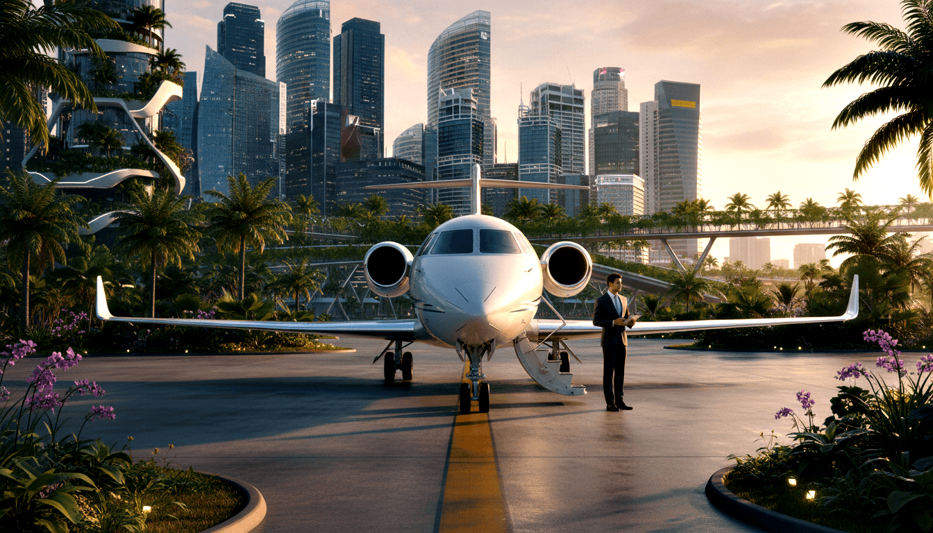 White twin-engine private jet on tarmac with boarding stairs, man in dark suit holding tablet, glass skyscrapers under golden-pink sunset.