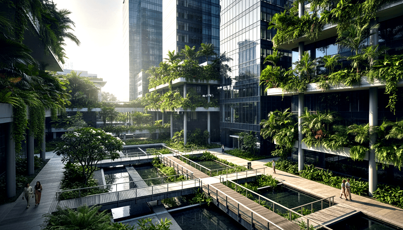 CGI render of glass-and-concrete urban complex with terraces dense in tropical foliage, palms, and blooms around dark reflecting pools.
