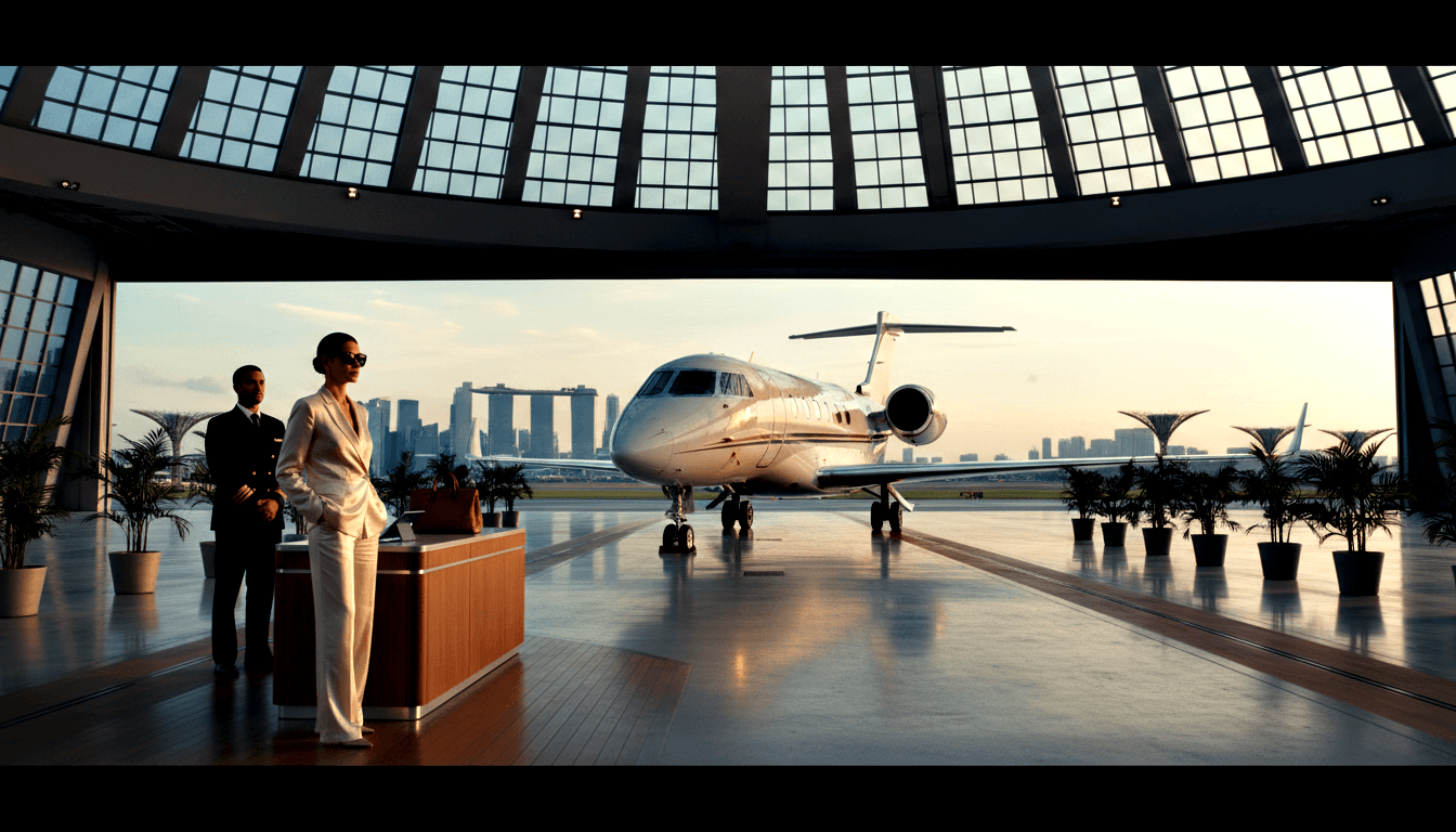 White business jet on sunlit tarmac viewed from terminal; woman in white pantsuit and naval officer at wooden desk with luggage.