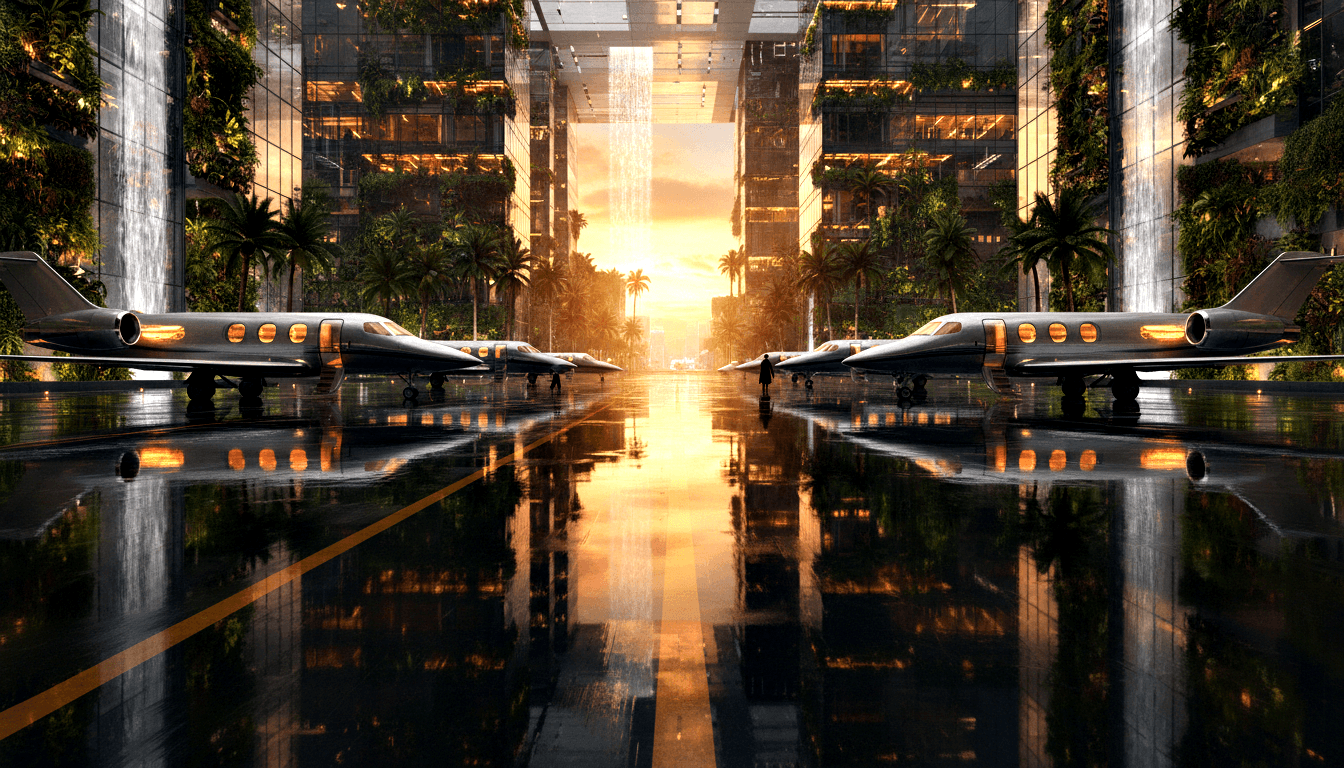 CGI render: private jets on wet tarmac flanked by vegetation-covered skyscrapers with waterfalls, golden vanishing point.