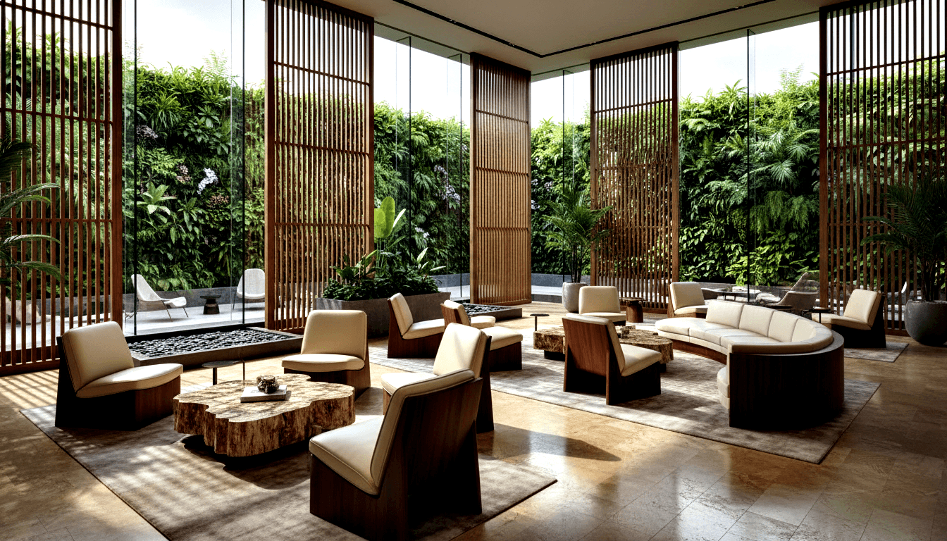 Cream armchairs and curved sectional sofa around stone tables; walnut slat screens; glass walls revealing tropical greenery.
