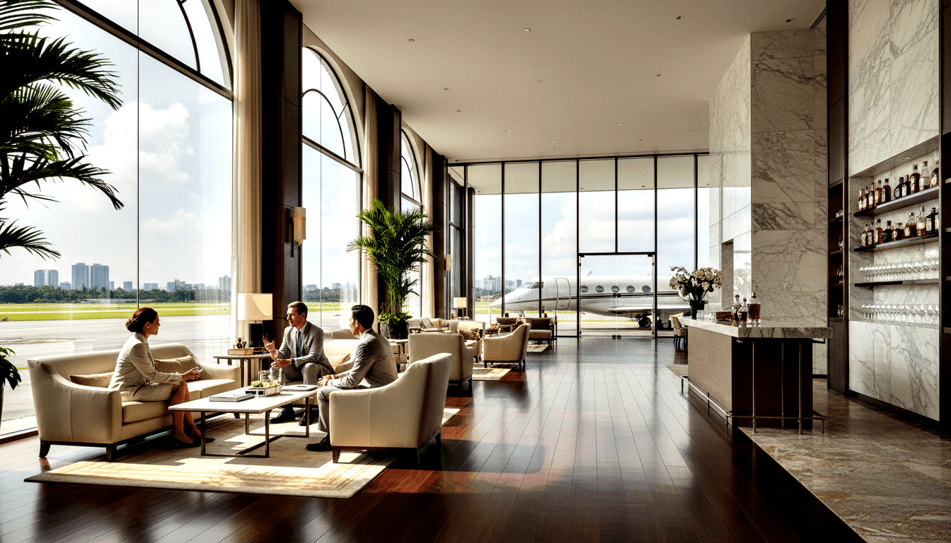 Lounge interior with arched windows overlooking a white private jet on tarmac; three people in business attire sit in cream armchairs.