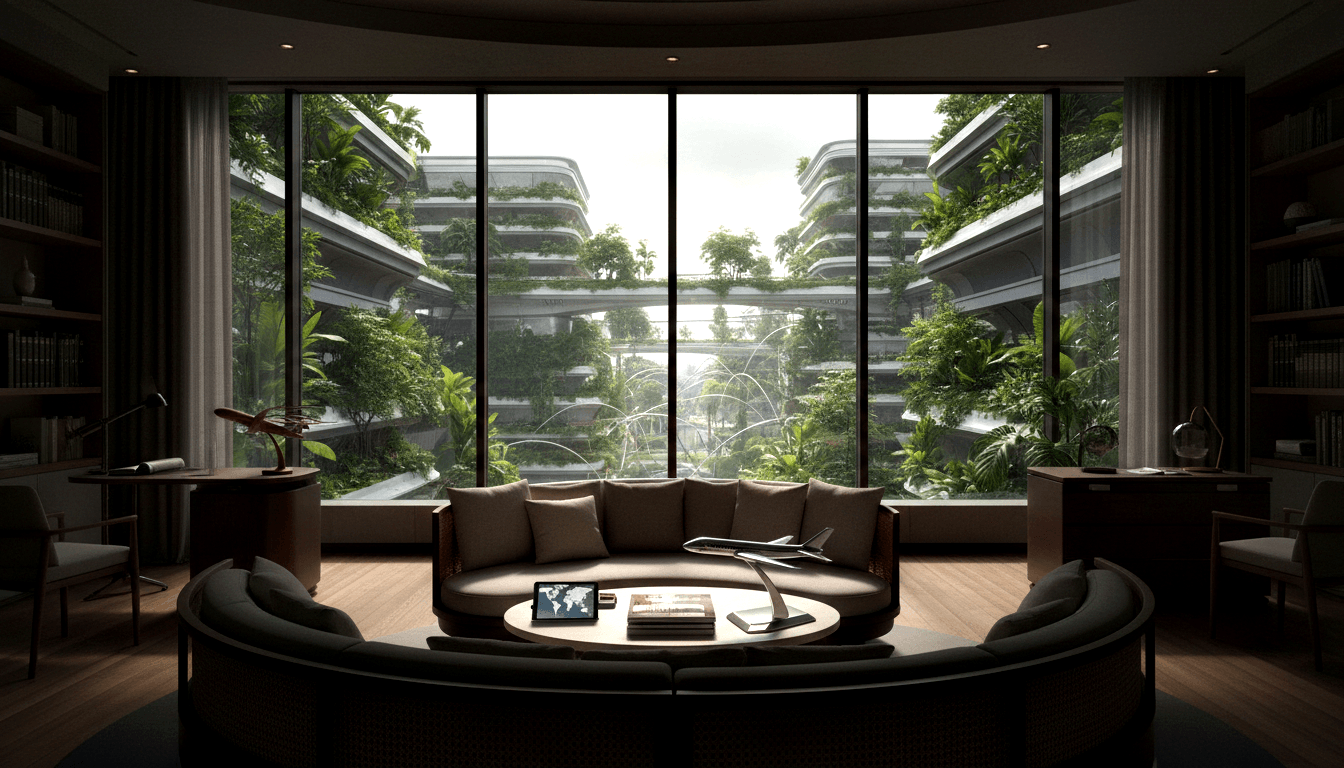 CGI lounge: brown semicircular sofa around round table with airplane model, tablet, books; bookshelves flank floor-to-ceiling windows.