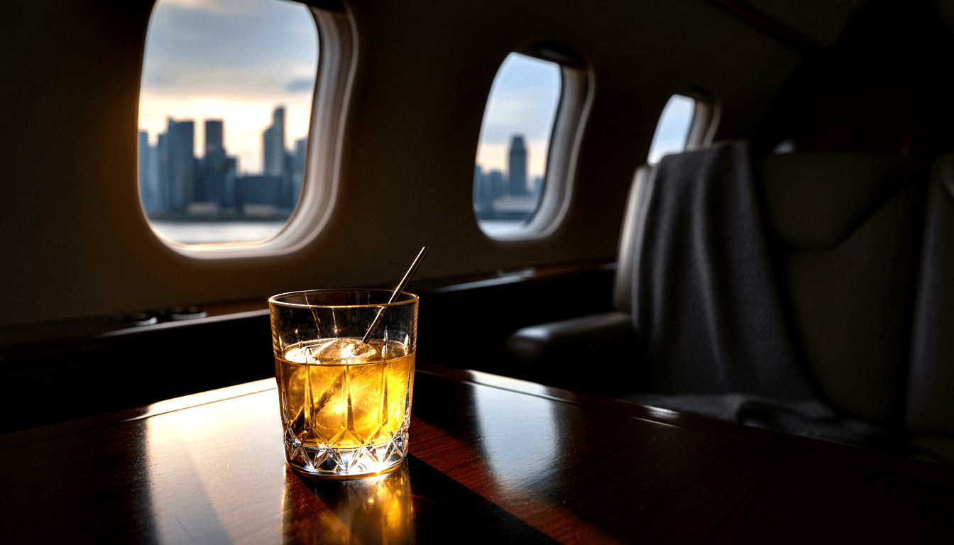 Faceted crystal rocks glass with amber spirit and large ice cubes, metal stirrer, on a dark wood tray in an aircraft cabin.