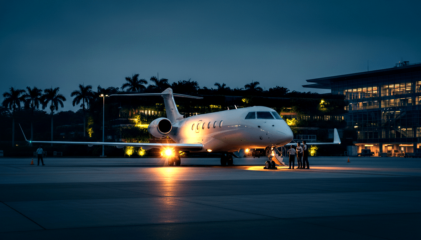 White rear-engine T-tail business jet on dark tarmac at twilight, airstair deployed with three figures near forward cabin door.