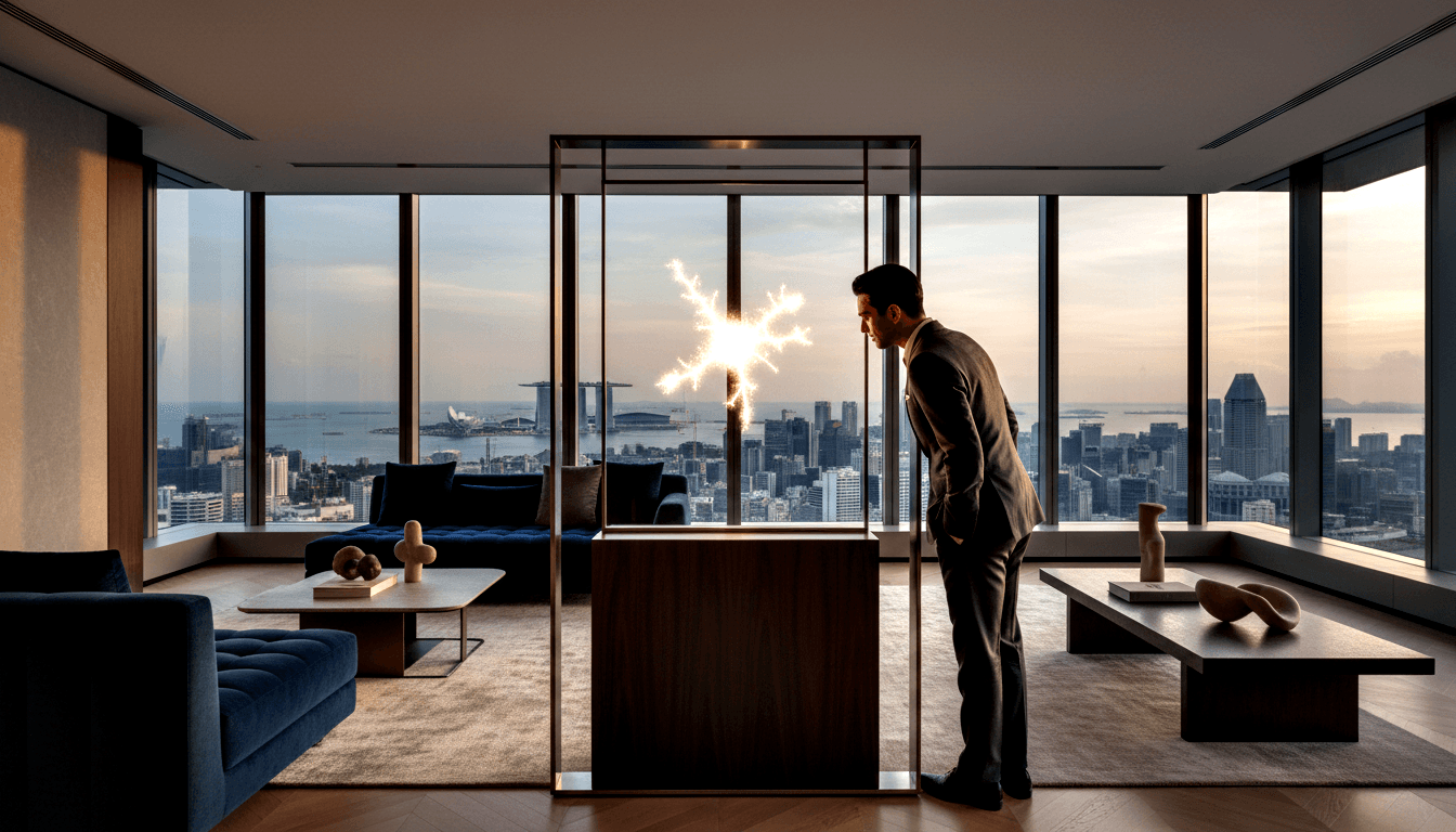 Dark-haired man in charcoal suit examines a glowing burst sculpture in a glass-and-dark-wood vitrine, flanked by navy sofas.