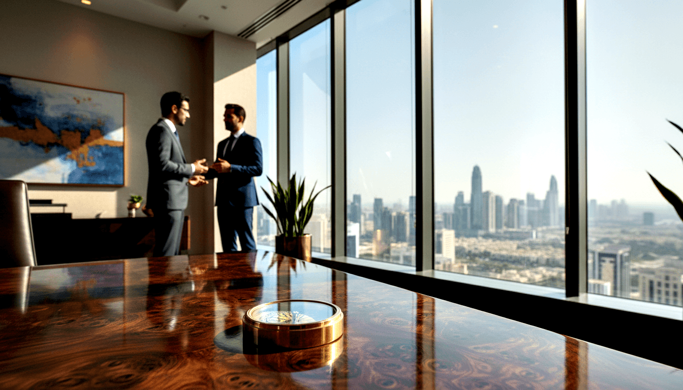 Two men in dark suits talking in a high-rise boardroom, with a brass compass and gold-potted snake plant on a polished dark wood table.
