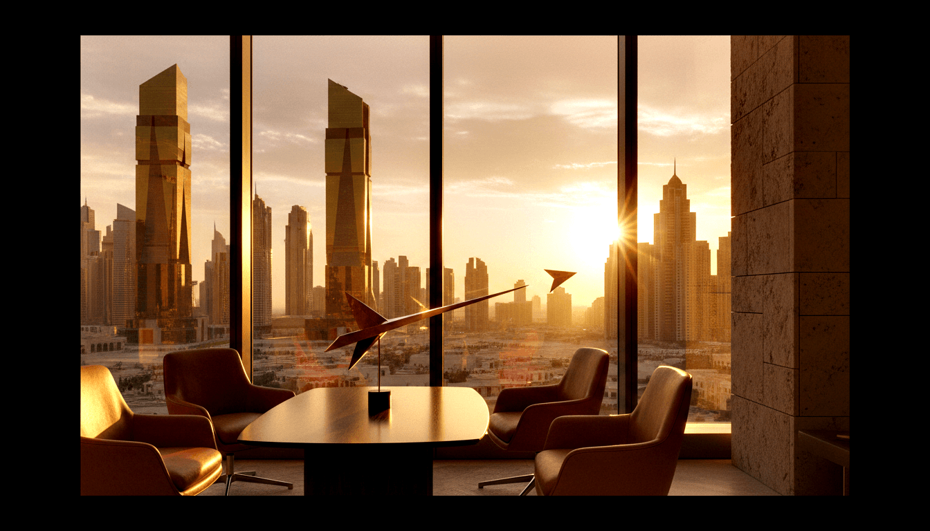 Round dark table with four brown leather chairs beside floor-to-ceiling windows showing a city skyline at golden sunset.