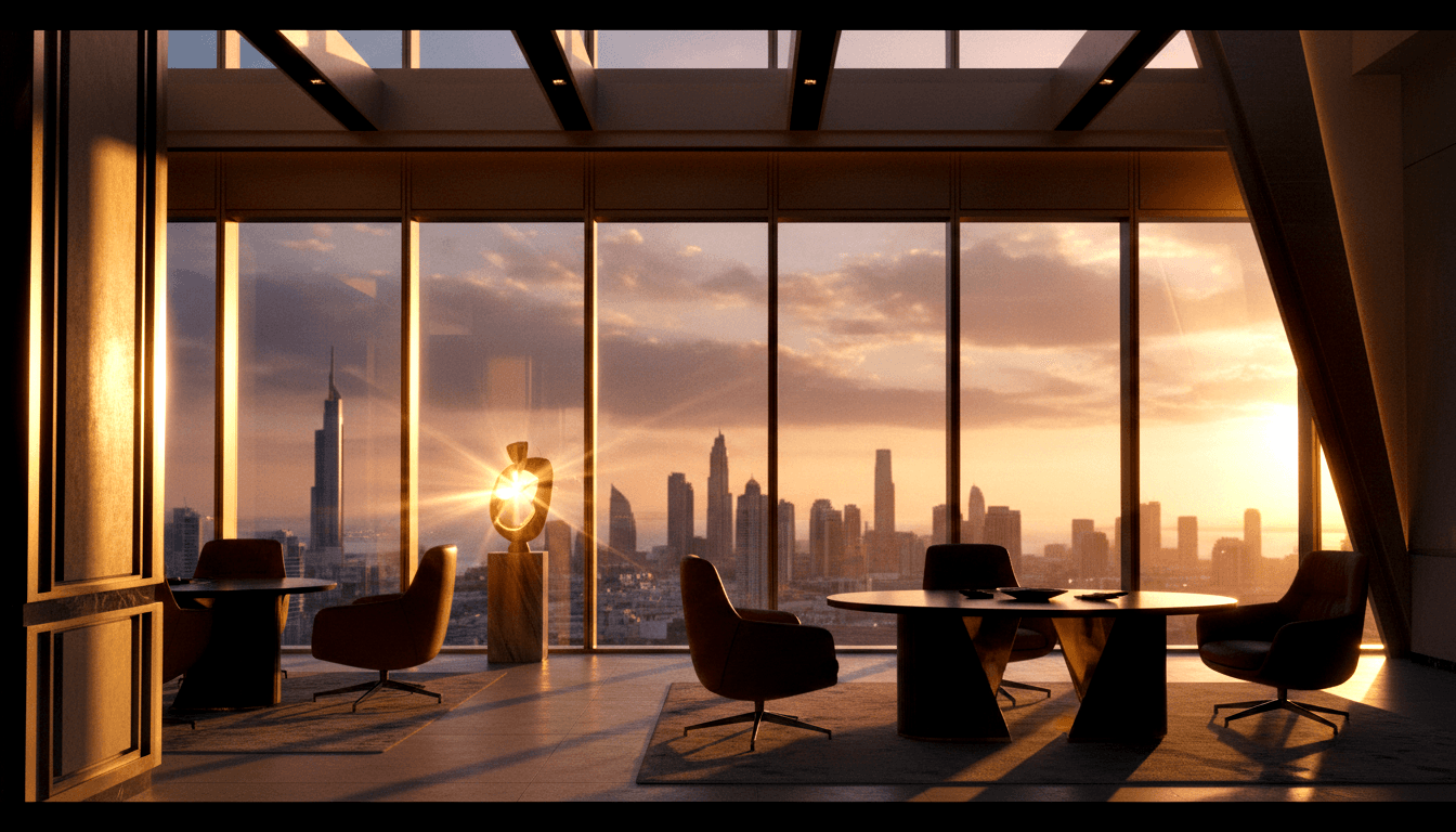 Glass-walled high-floor interior with burgundy chairs, dark table, skyline at golden sunset with lens flare. CGI render.