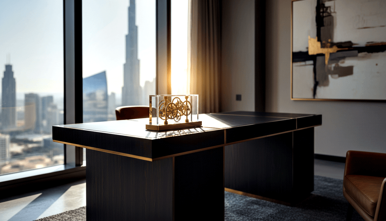 Dark wood executive desk with gold trim holds transparent enclosure of gold gear mechanisms; hazy urban skyline with tall spire behind.