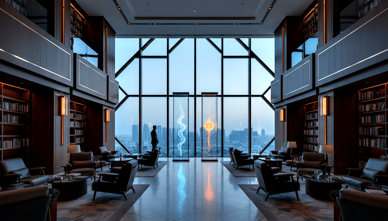 Double-height lounge with bookshelves, dark furniture, glowing columns, and a male silhouette facing a twilight city skyline.