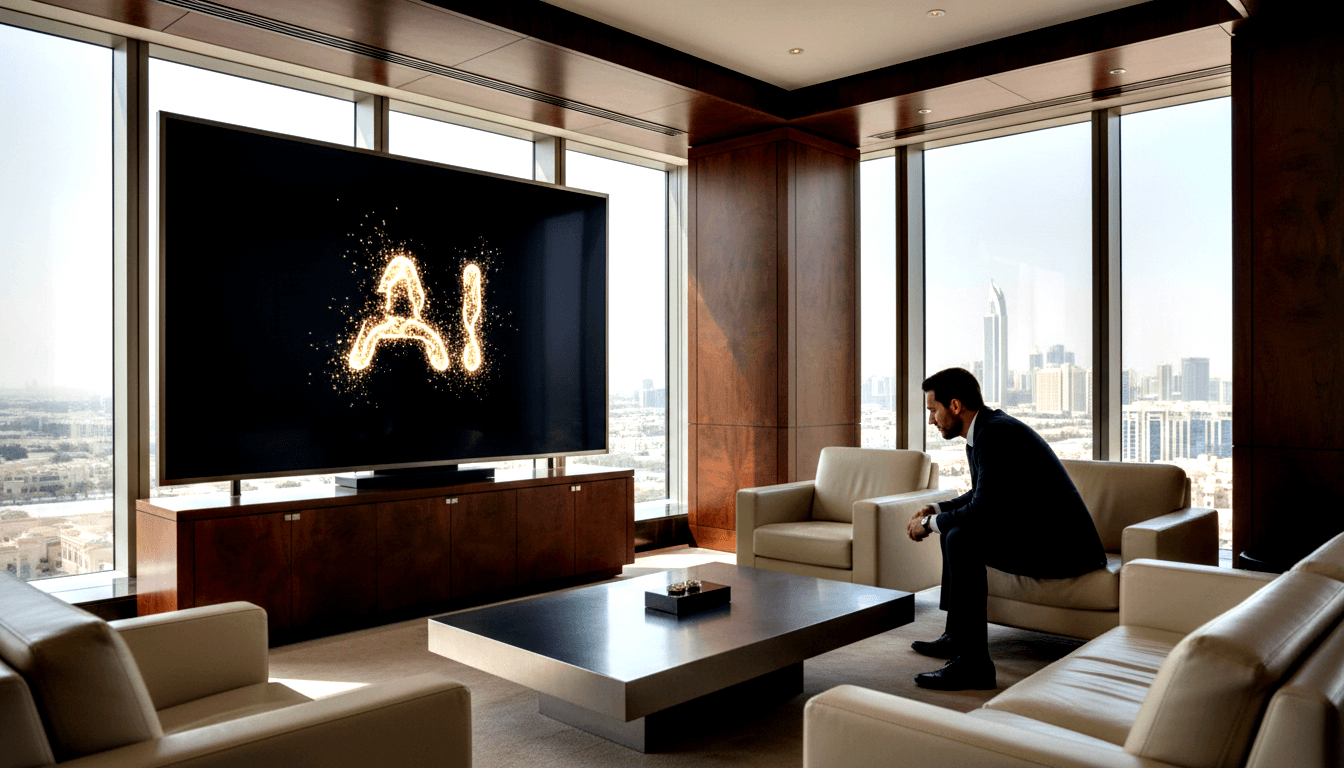 Man in dark navy suit sits forward on cream leather seating, hands clasped, facing flat-screen TV displaying glowing golden 'AI' on black screen.