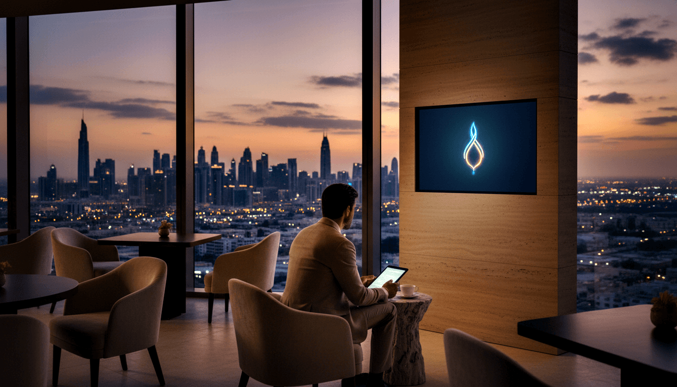 Man in beige blazer in cream armchair uses tablet; blue flame symbol on wall screen; twilight skyline through windows.
