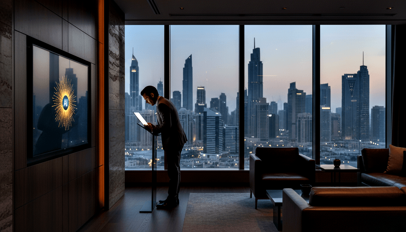 Man in dark suit leans over glowing screen on stand; floor-to-ceiling windows show urban skyline at twilight, AI emblem on wall.