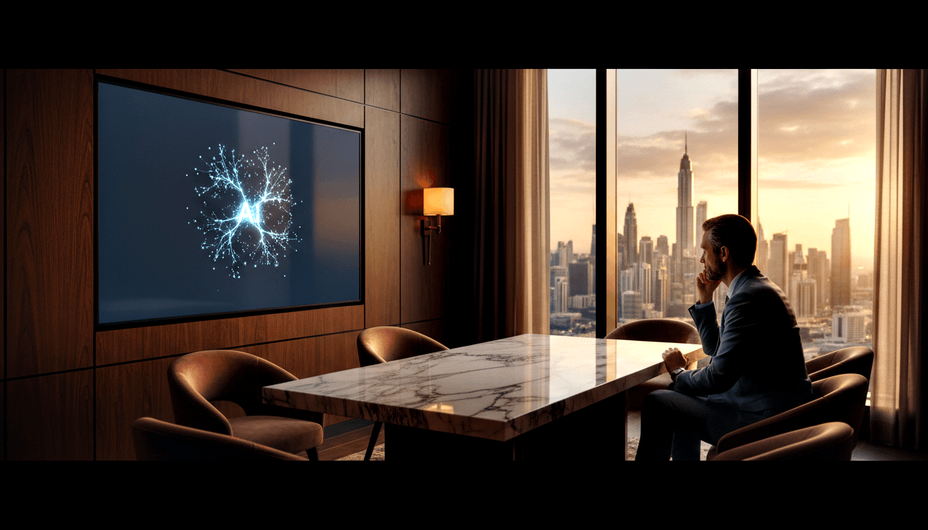 Man in navy suit sits at marble table, chin on hand; blue network diagram on screen, city skyline at golden sunset.