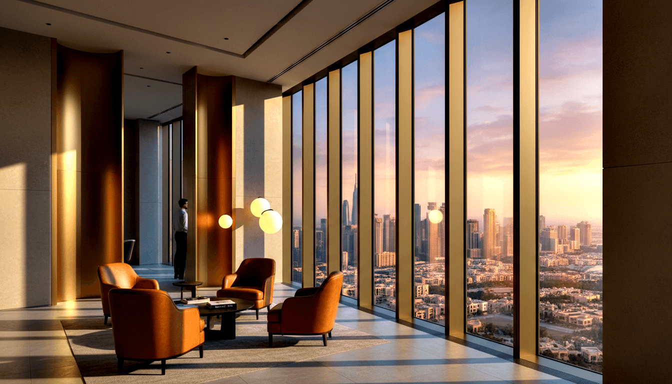 Orange armchairs around a dark round table with spherical lamps before floor-to-ceiling glass with urban skyline at pink sunset.