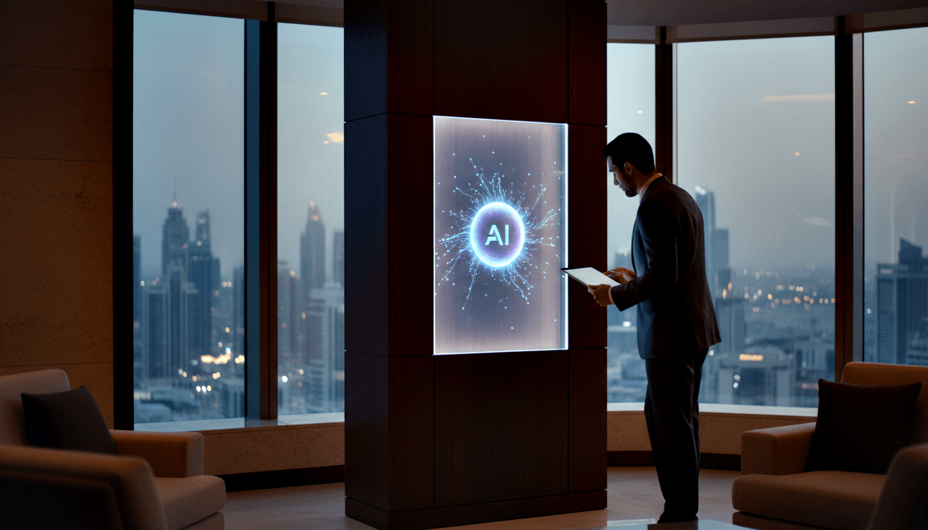 Man in suit holds tablet, viewing glowing circular AI constellation graphic on backlit panel in high-rise interior.