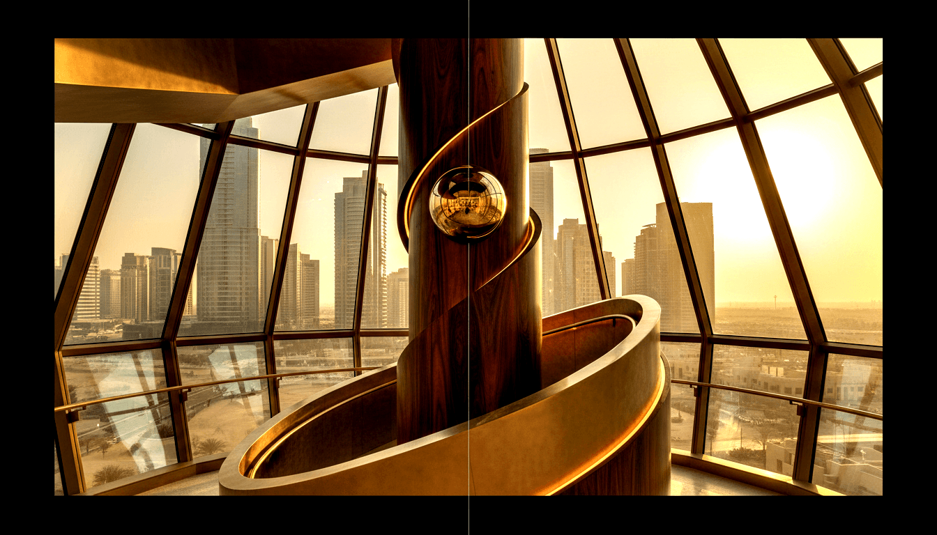 Glass dome interior with dark column, curved gold spiral balustrade, LED underlighting, golden light through geometric panels.
