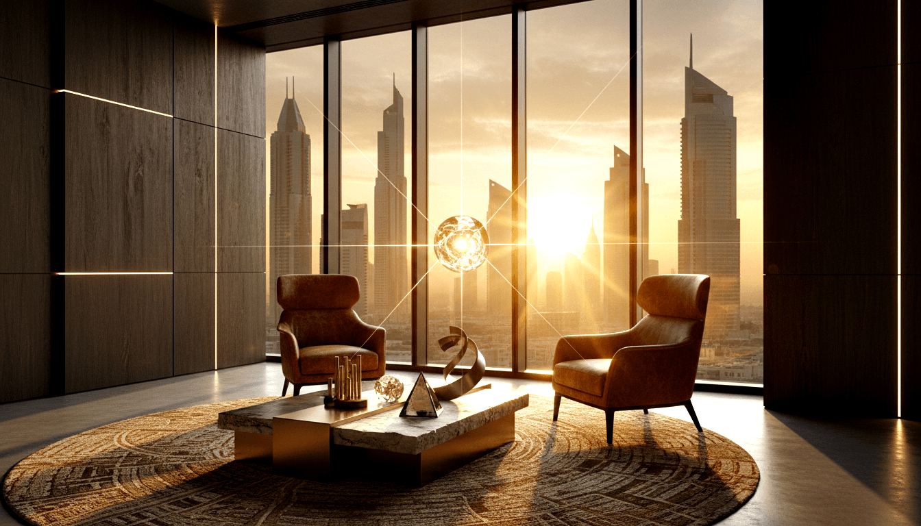 Cognac armchairs flank marble coffee table with glowing orb, dark wood LED walls, floor-to-ceiling golden-hour skyline view.