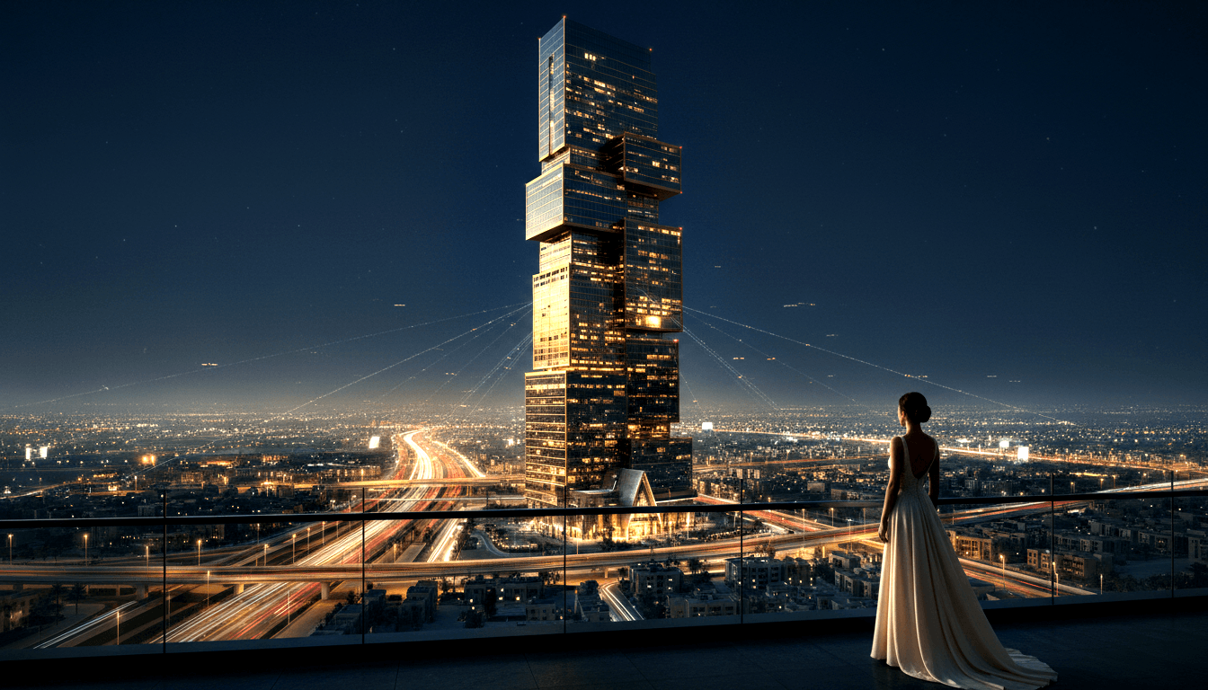 Woman in white open-back gown on glass-railed rooftop terrace facing a lit modern skyscraper above a highway interchange at night.