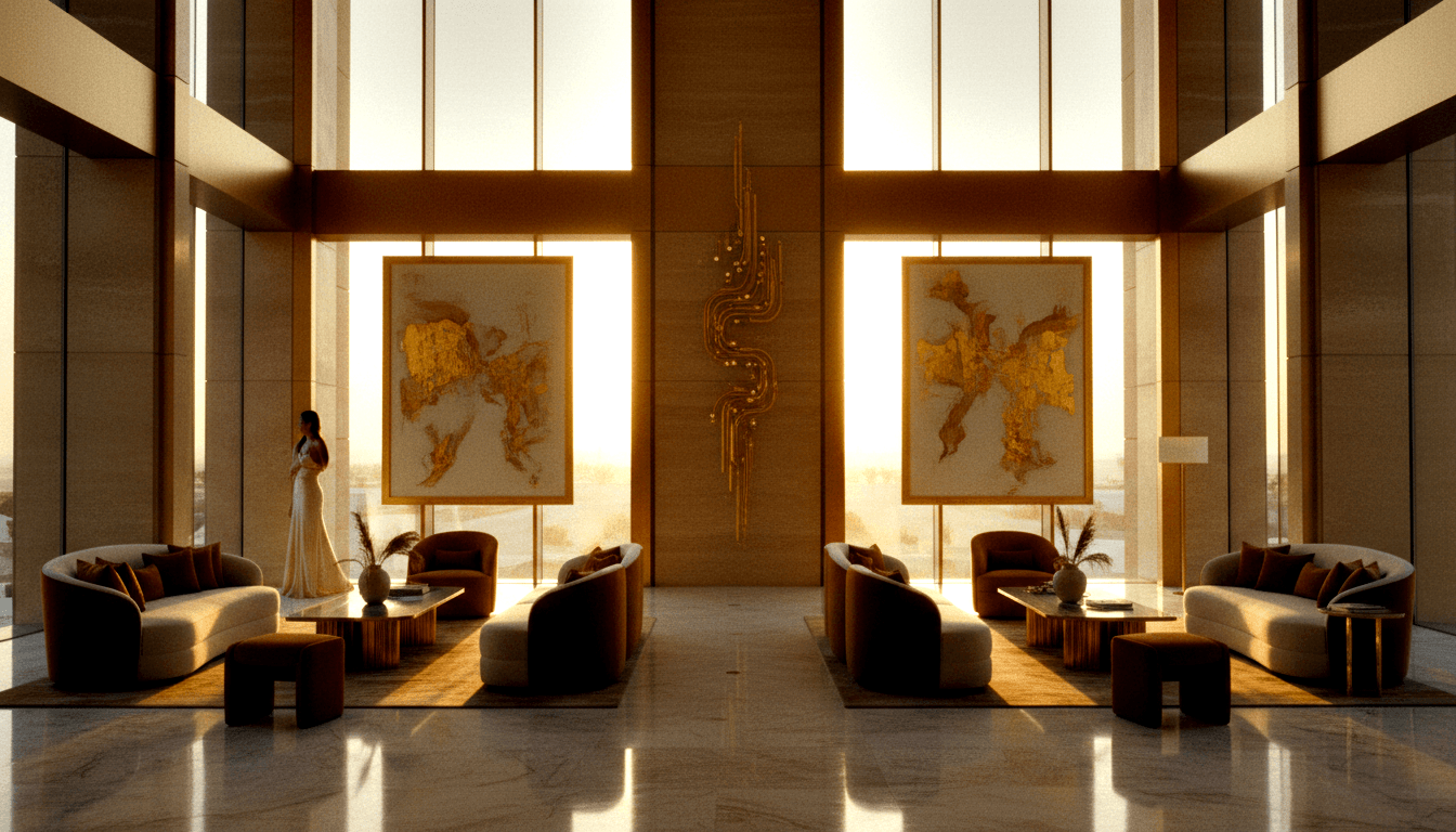 Tall atrium with gold-leaf paintings flanking a tubular wall sculpture, cream and rust seating on marble floors, woman silhouetted in white gown.