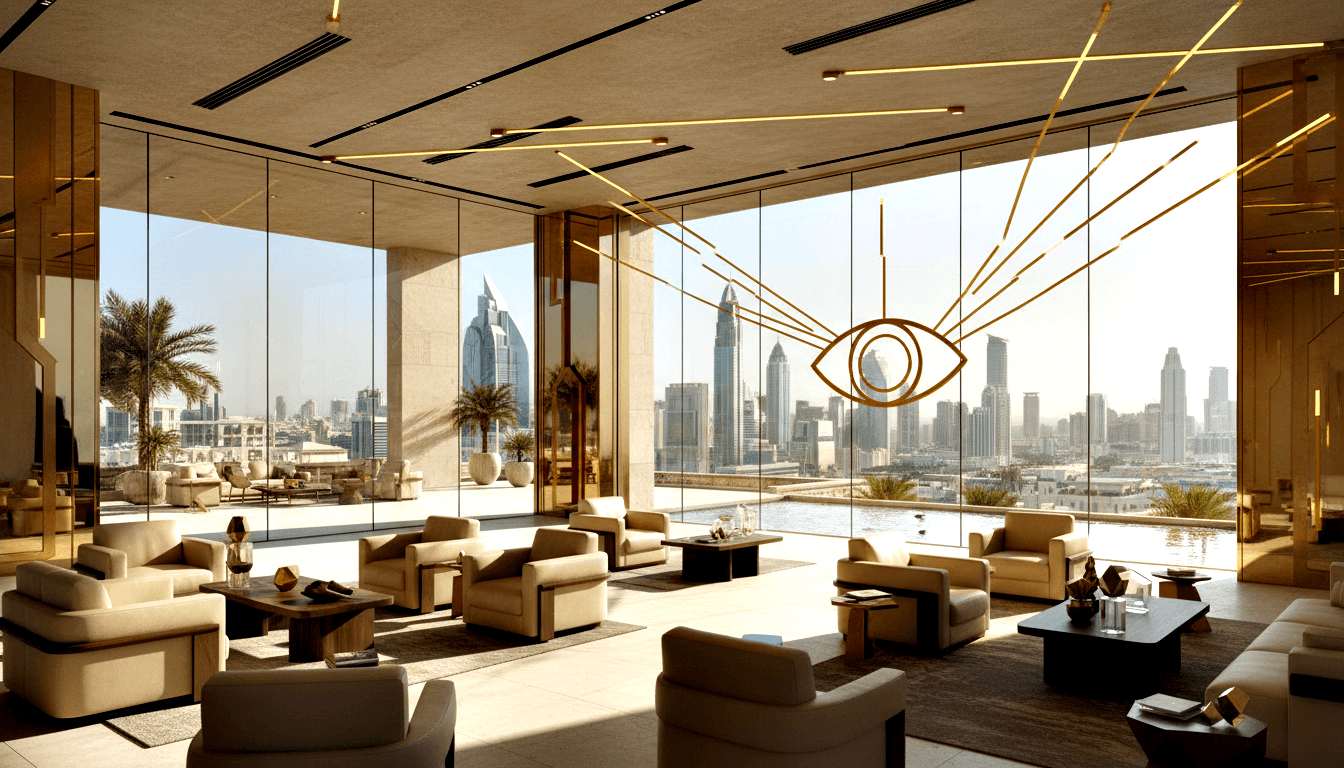 CGI open-plan lounge with floor-to-ceiling glass walls, cream sofas, dark wood tables, gold ceiling strips, and a golden eye symbol overlay.