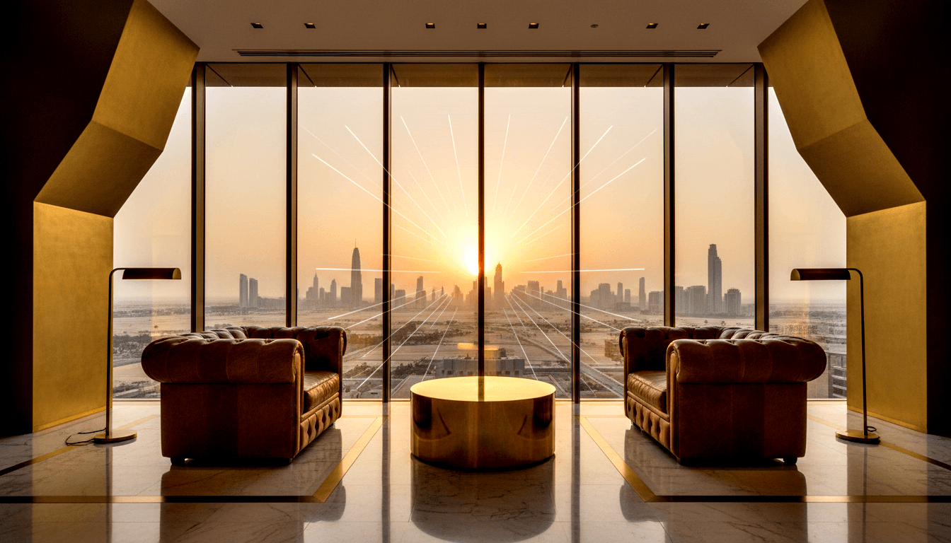 Two tufted cognac leather club chairs flank a brass coffee table on marble floor; floor-to-ceiling glass wall reveals urban skyline at sunset.