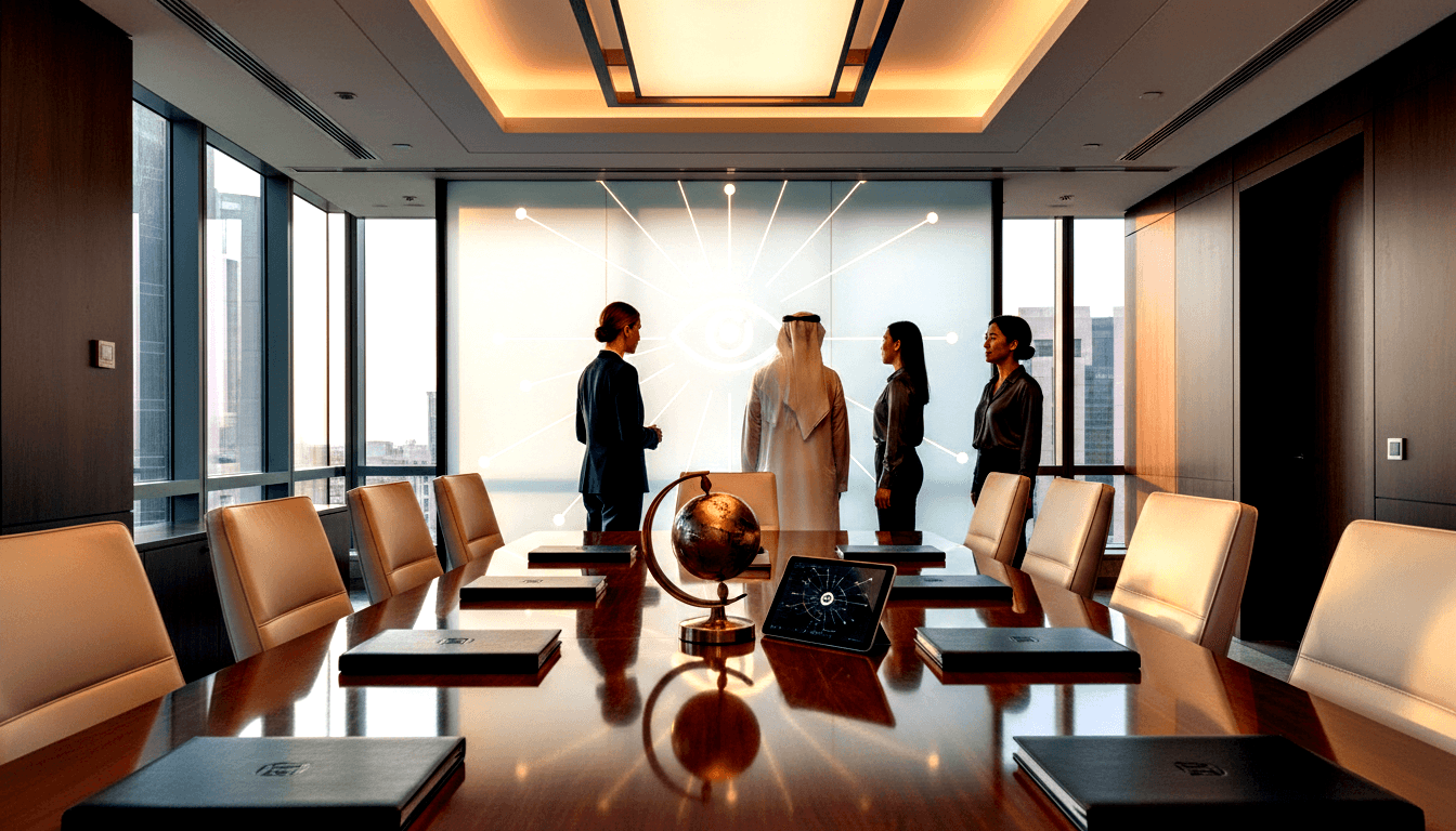 Mahogany conference table, cream chairs, four standing figures before frosted glass network diagram and city skyline.