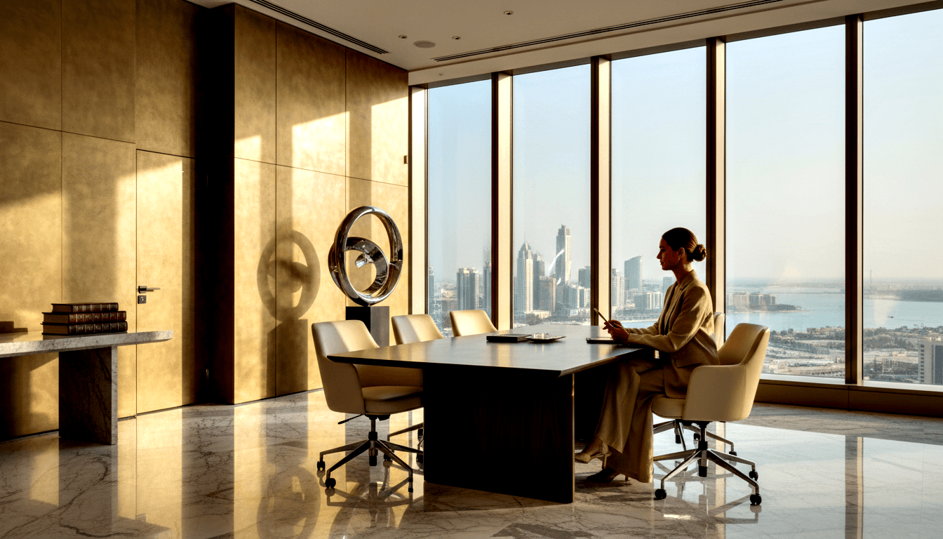Woman in beige suit sits at end of a dark wood conference table, holding a stylus, gazing at floor-to-ceiling windows with a coastal skyline.